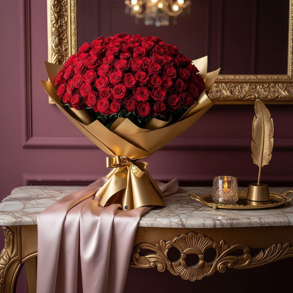 Luxury Red Rose Bouquet in Elegant Setting